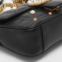 Pre Owned Gucci GG Pearl Marmont Flap Mini Black Matelassé Leather Shoulder Bag
