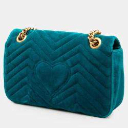 Pre Owned Gucci Blue Medium GG Marmont Matelasse Velvet Shoulder Bag