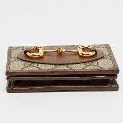 Pre Owned Gucci Horsebit 1955 Brown/Beige GG Supreme Canvas and Leather Flap Card Case