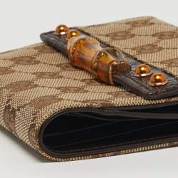 مملوكة مسبقًا Gucci Bamboo Bar Beige/Brown GG Canvas and Croc Embossed Leather French Wallet
