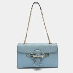 Pre Owned Gucci Emily Medium Light Blue Microguccissima Leather Shoulder Bag