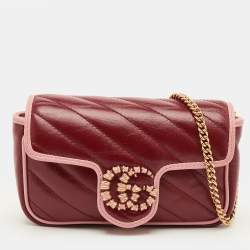 Pre Owned حقيبة كتف غوتشي سوبر ميني تورشون جي جي مارمونت جلد مبطن قطري أحمر/وردي