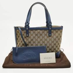 Pre Owned Gucci Craft Small Blue/Beige GG Canvas and Leather Tote