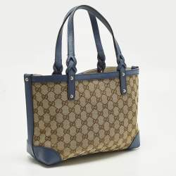 Pre Owned Gucci Craft Small Blue/Beige GG Canvas and Leather Tote