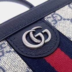 Pre Owned Gucci Navy Blue Canvas Ophidia GG Top Handle Bag Mini
