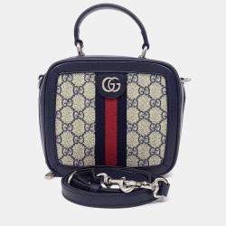 Pre Owned Gucci Navy Blue Canvas Ophidia GG Top Handle Bag Mini