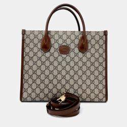 Pre Owned Gucci Beige Brown Coated Canvas GG Small Tote Bag