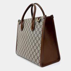 Pre Owned Gucci Beige Brown Coated Canvas GG Small Tote Bag