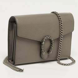 Pre Owned Gucci Crystal Dionysus Grey Leather Wallet On Chain