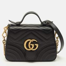 Pre Owned Gucci GG Marmont Mini Black Matelassé Leather Top Handle Bag