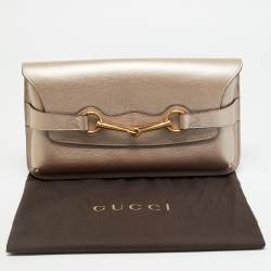 Pre Owned Gucci Bright Bit Metallic Beige Leather Clutch