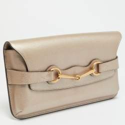 Pre Owned Gucci Bright Bit Metallic Beige Leather Clutch
