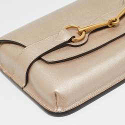Pre Owned Gucci Bright Bit Metallic Beige Leather Clutch