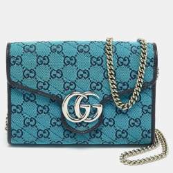 مملوكة مسبقًا Gucci GG Marmont Blue/Black GG Diagonal Quilt Canvas and Leather Wallet on Chain