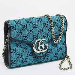 Pre Owned Gucci GG Marmont Blue/Black GG Diagonal Quilt Canvas and Leather Wallet on Chain