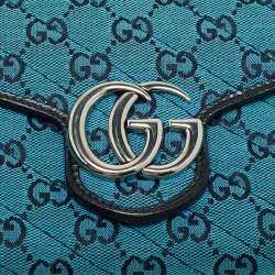 Pre Owned Gucci GG Marmont Blue/Black GG Diagonal Quilt Canvas and Leather Wallet on Chain