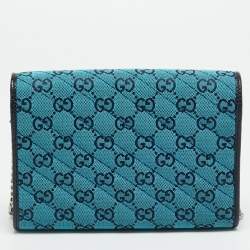 Pre Owned Gucci GG Marmont Blue/Black GG Diagonal Quilt Canvas and Leather Wallet on Chain