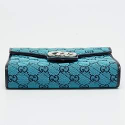 Pre Owned Gucci GG Marmont Blue/Black GG Diagonal Quilt Canvas and Leather Wallet on Chain