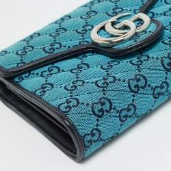 Pre Owned Gucci GG Marmont Blue/Black GG Diagonal Quilt Canvas and Leather Wallet on Chain