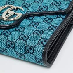 Pre Owned Gucci GG Marmont Blue/Black GG Diagonal Quilt Canvas and Leather Wallet on Chain