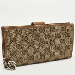مملوكة مسبقًا محفظة غوتشي قلاب فرنسى جلد وكانفاس جي جي توينز بني/بيج
