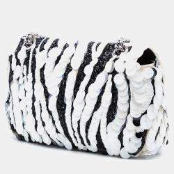 Pre Owned Gucci Black White Medium GG Marmont Sequin Embellished Leather Shoulder Bag