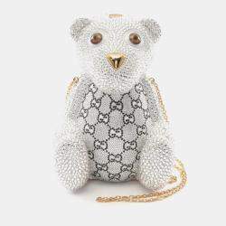 Pre Owned Gucci Gg Teddy Bear Shoulder Bag With Swarovski Crystals Clear Multicolor