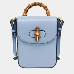 Pre Owned Gucci Blue Leather Bamboo Backpack Handbag Shoulder Bag 