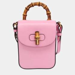 Pre Owned Gucci Pink Leather Bamboo Backpack Handbag Shoulder Bag 