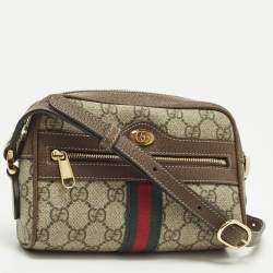 Pre Owned حقيبة كروس بودي غوتشي أوفيديا كانفاس جي جي سوبريم جلد صغيرة بيج/بني