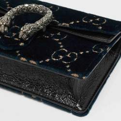 Pre Owned Gucci Dionysus Crystal Super Mini Black/Teal Green GG Velvet and Patent Leather Bag