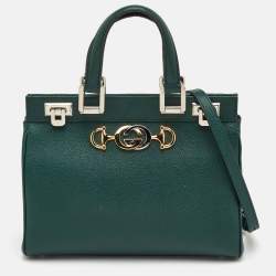 Pre Owned Gucci Zumi Small Dark Green Grain Leather Interlocking G Horsebit Tote