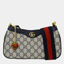 مملوكة مسبقًا Gucci Ophidia Handbag Shoulder 2Way Pvc Small Navy Beige Gg Supreme Plus Animalier Charm Bee