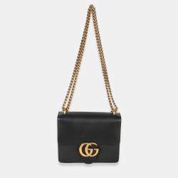 Pre Owned Gucci Black Smooth Calfskin Small GG Marmont Chain Bag