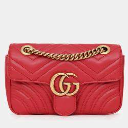 Pre Owned Gucci Red Leather Small GG Marmont Shoulder Bag