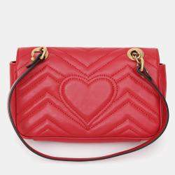 Pre Owned Gucci Red Leather Small GG Marmont Shoulder Bag