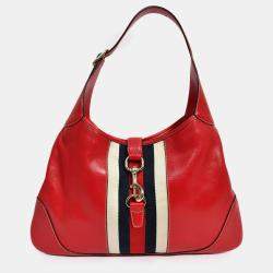 Pre Owned Gucci Red Leather Canvas Stripe Medium Jackie Bag