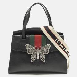 Pre Owned Gucci Sherry Line Butterfly Crystal Medium Black Leather Tote