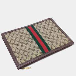 Pre Owned Gucci Beige, Brown Canvas Supreme Portfolio Clutch (523359)