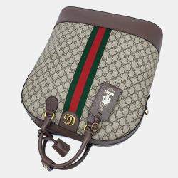 Pre Owned Gucci Beige, Brown Coated Canvas Ophidia Savoy Bowling Bag (724654)