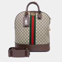 Pre Owned Gucci Beige, Brown Coated Canvas Ophidia Savoy Bowling Bag (724654)