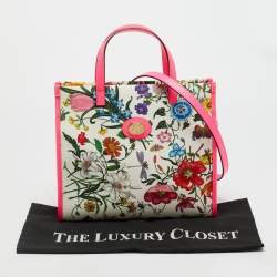 Pre Owned Gucci Flora Neon Pink/Multicolor Floral Print Canvas and Leather Tote