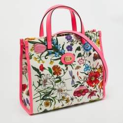 Pre Owned Gucci Flora Neon Pink/Multicolor Floral Print Canvas and Leather Tote