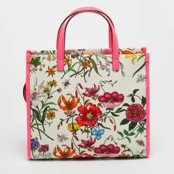 Pre Owned Gucci Flora Neon Pink/Multicolor Floral Print Canvas and Leather Tote