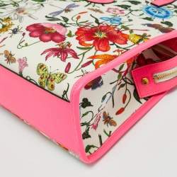 Pre Owned Gucci Flora Neon Pink/Multicolor Floral Print Canvas and Leather Tote