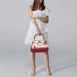 Pre Owned حقيبة غوتشي يد علوية متوسطة من جلد بورجوندي بمقبض مقفل بامبو للسيدات