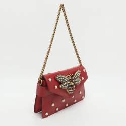 Pre Owned Gucci Bee Pearl Studded Queen Margaret Broadway Mini Red Leather Crossbody Bag