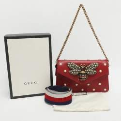 Pre Owned Gucci Bee Pearl Studded Queen Margaret Broadway Mini Red Leather Crossbody Bag