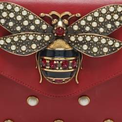 Pre Owned Gucci Bee Pearl Studded Queen Margaret Broadway Mini Red Leather Crossbody Bag