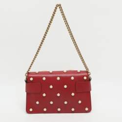 Pre Owned Gucci Bee Pearl Studded Queen Margaret Broadway Mini Red Leather Crossbody Bag